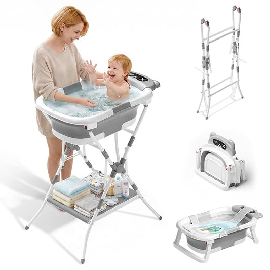 2-in-1 Foldable Baby Bathtub with Stand, Newborn Tub for Infant to Toddler, Easy-Store Design, Baby Shower Gift for New Parents, Grey