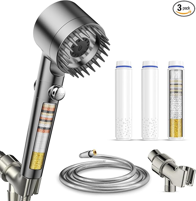 PWERAN Filtered Shower Head with Handheld, 3-PCS Filters High Pressure Shower Head with 3+1 Spray Modes for Hard Water Remove Chlorine, Detachable Showerhead with ON/OFF Switch for Pet Bath