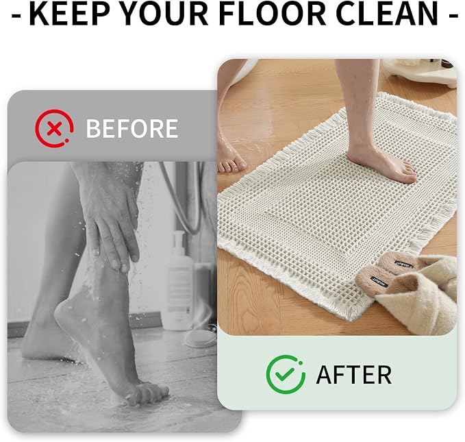 Waffle Bath Mat - Super Water Absorbing Bath Mat Quick Dry, Bathroom Rugs Non Slip Washable with Tassels, Rubber Backed Bathroom Mat for Bathroom Floor, Tub and Shower, 17" x 24", Off-White