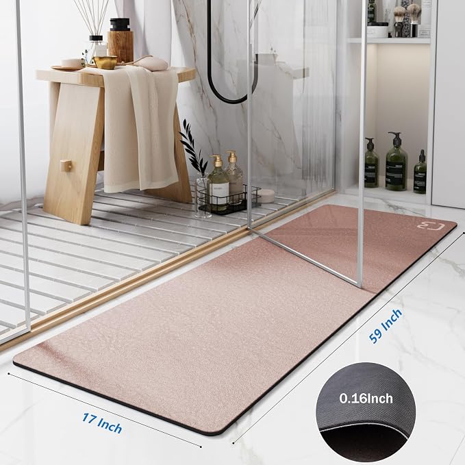 RUERYA Diatomaceous Earth Bath Mat 17" x 59" Extra Long Bathroom Mat Large Fast Dry Super Absorbent Non-Slip Rubber Backed Shower Mat Bath Rugs Mats for Bathroom Floor, Tub, Shower, Sink, Blush Pink