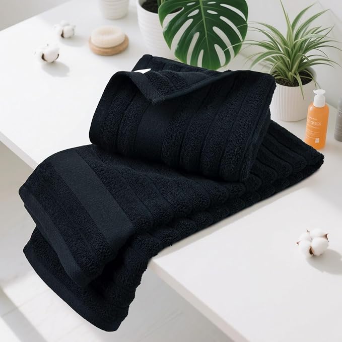Jacquotha 4-Pack Bathroom Hand Towels (Black) Ribbed – Guest Room & Spa Premium Cotton Face Towels 13” x 29”, Soft and Quick Drying 480 GSM
