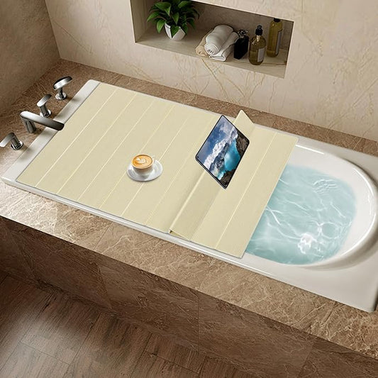 67x27.5in Bathtub Tray, Foldable Bathtub Cover Bath Insulation Cover, PVC Dustproof Shutter Bath Lid Cover Fit Most Tubs, Can Hold Wine Glass, Books, Tablets, Cellphones,Wood Grain