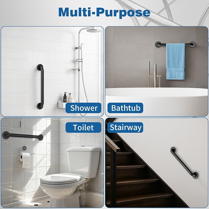 Safety Shower Grab Bars for Seniors, Stainless Steel Anti Slip Shower Handle, ADA Compliant Hand Rails, Holds up to 500 LBS Grab Bars for Elderly for Wall (Black, 24 Inches)