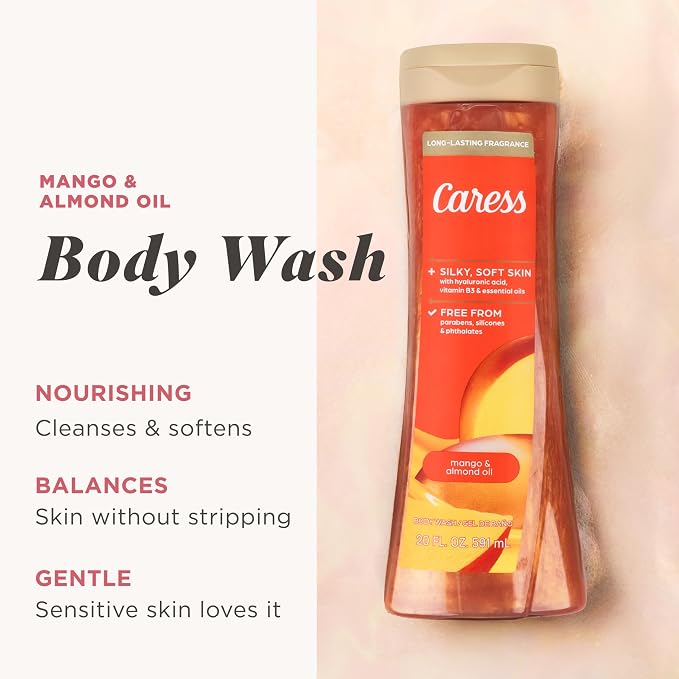 Caress Mango & Almond Oil Body Wash, 20 fl oz, 4 Pack | Hyaluronic Acid & Vitamin B3, Moisturized, Silky Soft Skin, Long-Lasting Tropical Fragrance