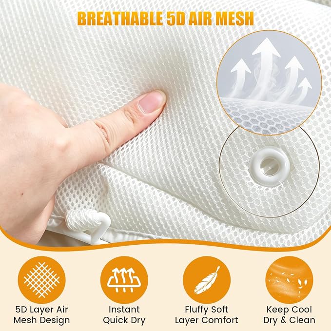 Bath Pillow for Tub, Ergonomic Neck Support Spa Bath Cushion | 4D Hollow Air Mesh,Quick-Dry & Breathable,ergonomic head neck support,6 heavy-duty suction cups for home spa tub soak