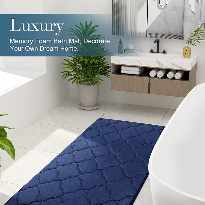 OLANLY Memory Foam Bath Mat Rug 44x24, Ultra Soft and Absorbent Bathroom Rugs, Non-Slip, Comfortable, Machine Washable Bath Carpet for Bathroom Floor, Tub, Shower and Home Decor Accessories, Navy