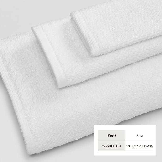 Great Bay Home 100% Cotton 12-Pack 13x13 Wash Cloth - Absorbent, Quick-Drying, Durable Face Towels for Bathroom Decor - Low-Twist, Two-Ply Fibers (Optic White)
