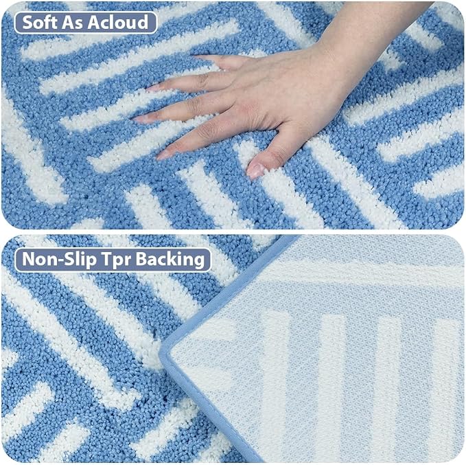 ORTIGIA Striped Blue Bathroom Rugs Non Slip Washable, 20x30 Quick Dry Absorbent Soft Plush Microfiber Bath Mats, Bath Rugs for Bathroom Floor Carpet for Sink Bedroom