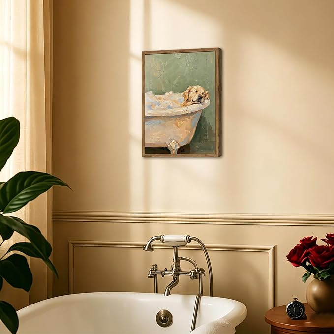 Funny Dog Bathroom Wall Art Cute Golden Retriever in Bathtub Wall Decor Picture Whimsical Bathroom Dog Poster Canvas Painting Print 12x16 inch Wood Framed