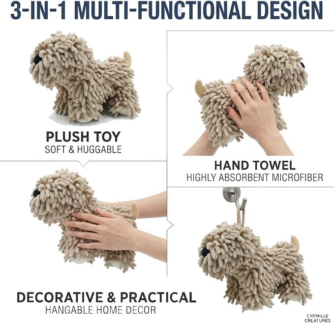 Cute Dog Chenille Hand Towel, 3D Puppy Hangable Fuzzy Ball Hand Towel Microfiber Super Soft Absorbent Bathroom & Kitchen Towels with Hanging Loop, Can Be Placed on the Sink Countertop (Khaki+Gray)
