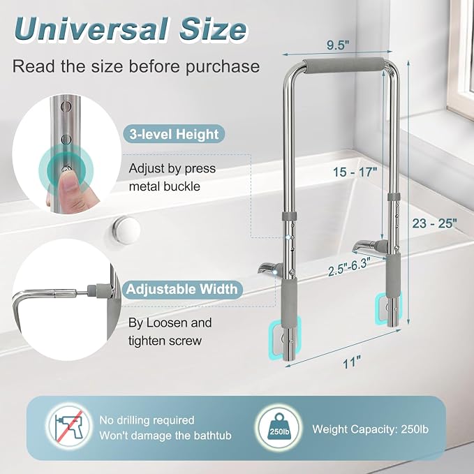 Bathtub Rails for Seniors Shower Grab Bars Clamp on Tub Rail Bath Tub Handles Heavy Duty Safety Support Bar Handicap Tub Bar for Elderly Help Getting Out of Bathtub No Drill Bathroom Grip Bars Devices