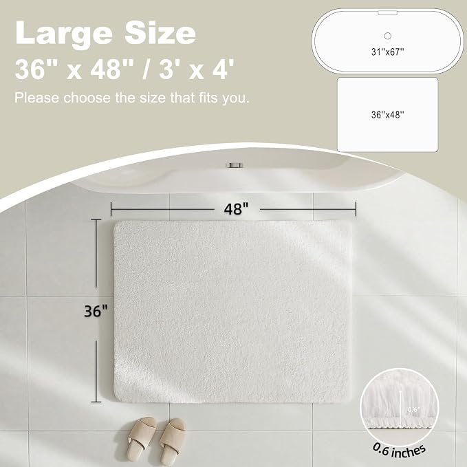 TYUU Large Bathroom Rugs, Ultra Soft Super Absorbent Bath Rugs Non Slip Washable Quick Dry Bath Mat with Rubber Backing for Bathroom Floor, Shower, or Sink, White 3' x 4'