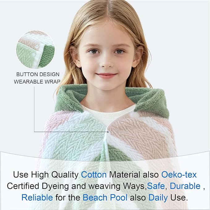 VOOVA & MOVAS Kids Hooded Towel Wrap(Ages 6-10) – 100% Cotton, Soft & Absorbent, Fast-Drying, Versatile Beach, Pool, Swim & Bath Cover-Up, Green Blush Stripe