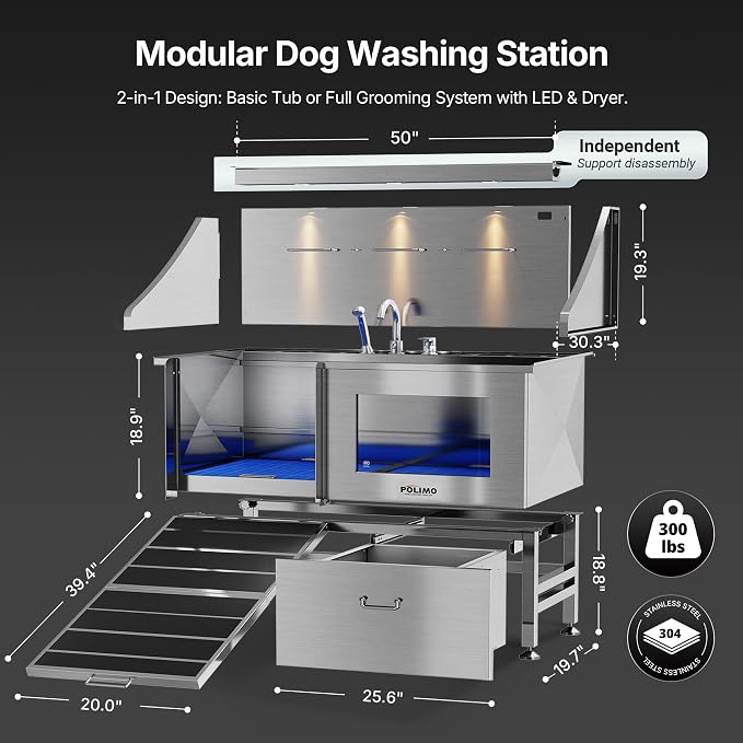 POLIMO Dog Washing Station with LED Display 50" (Left Ramp), 304 Stainless Steel Dog Bathtub for Large Medium Small Dogs, Professional Pet Grooming Tub with Faucet, Storage Drawer, Floor Grate, Window