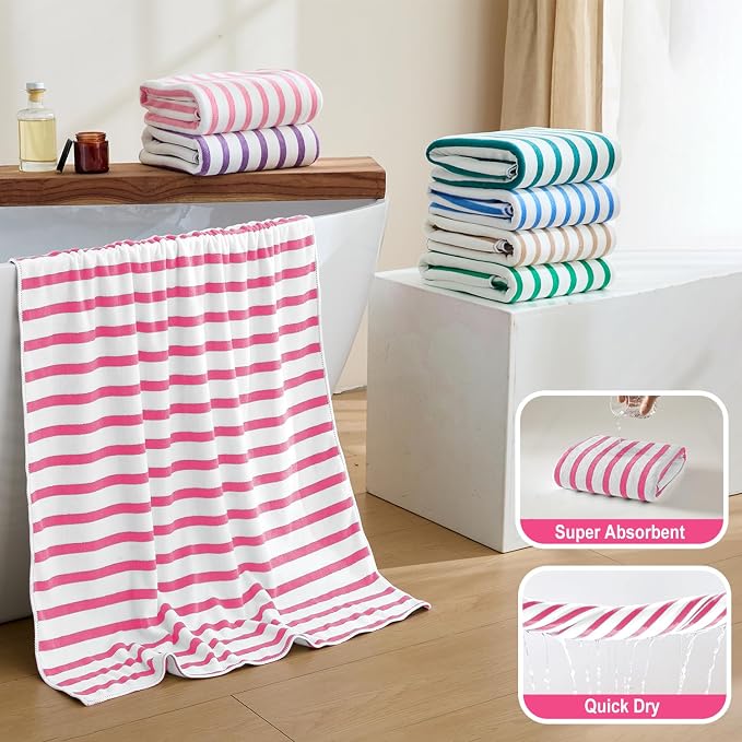 JML Beach Towels, 4 Pack, 30" x 60", Large Microfiber Bath Towel Set, Cabana Stripe, Absorbent, Quick Dry for Salon, Sauna, Hotel, Travel, Sport, Swimming, Pool, Yoga, Camping, Stripe Pink White