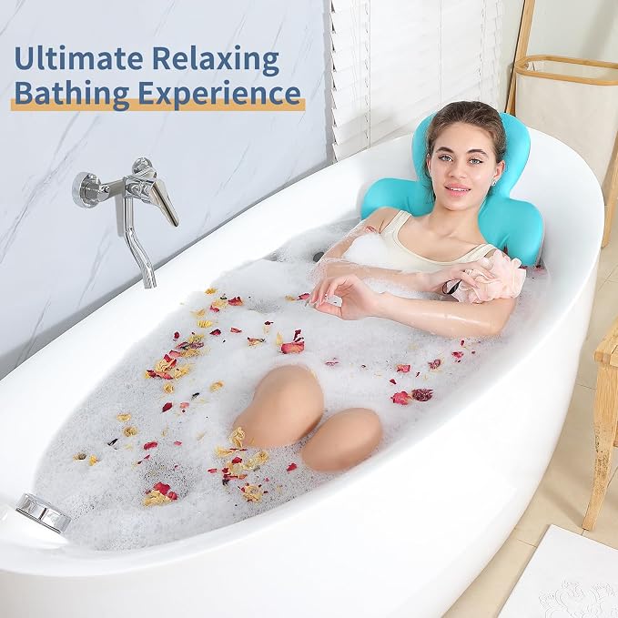 Luxury Bath Cushion, Full Body Bathtub Pillow with 160 Suction Cups, Bath Mat for Head and Neck Support, with Laundry Bag (Blue, 60" x 16")