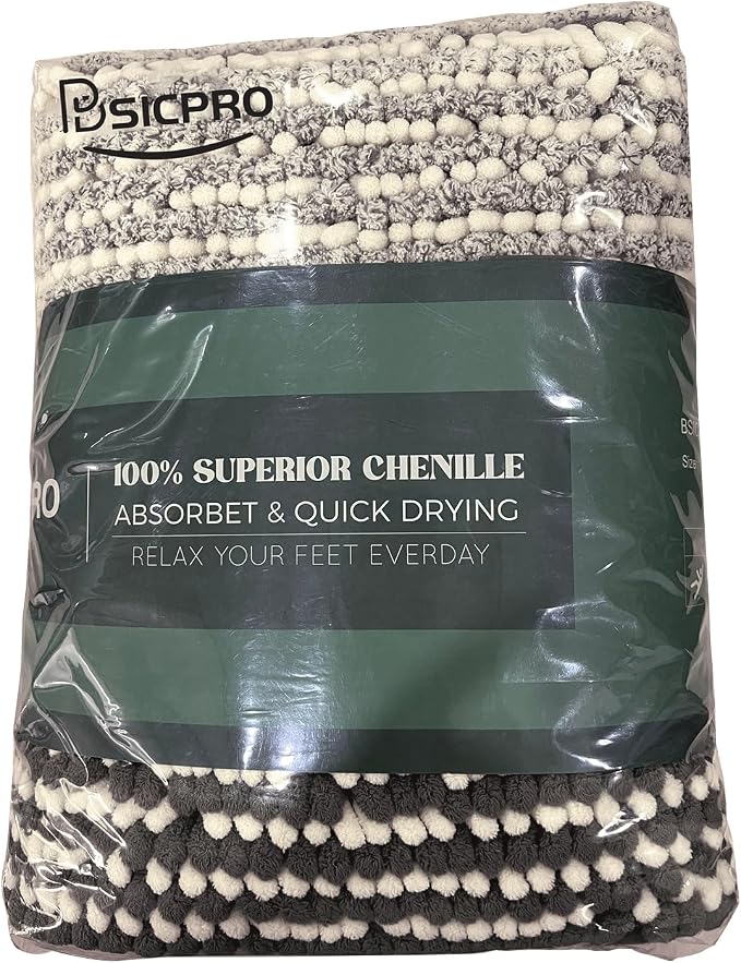 BSICPRO Bathroom Rugs and Mats Sets, 2 Piece Thick Absorbent Chenille Non Slip, Soft Shaggy Floor Mats, Machine Washable (20" x 47" Plus 16" x 24", Gray)