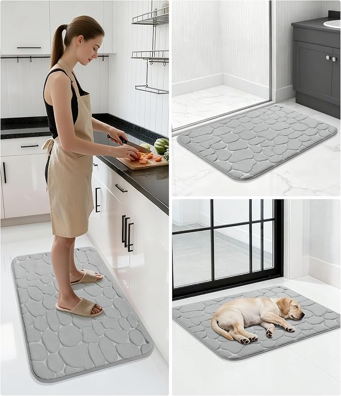 YIHOUSE Memory Foam Bath Mat Cobblestone Bathroom Rugs Super Water Absorbent Bath Mats for Bathroom Machine Washable Bath Rugs(20x32,Light Gray)