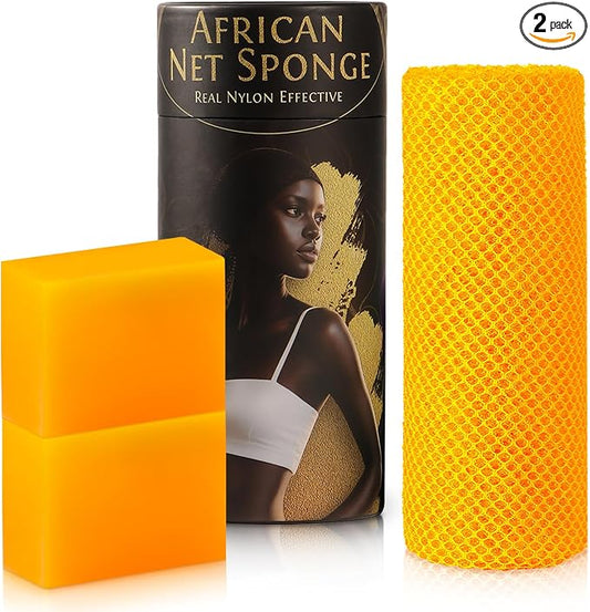 Kojic Acid Soap Bar with African Net Sponge, Exfoliating Bundle to Help Even Skin Tone and Unclog Pores, for Face and Body, Deep Cleansing Wash for Smoother, Revitalized Skin