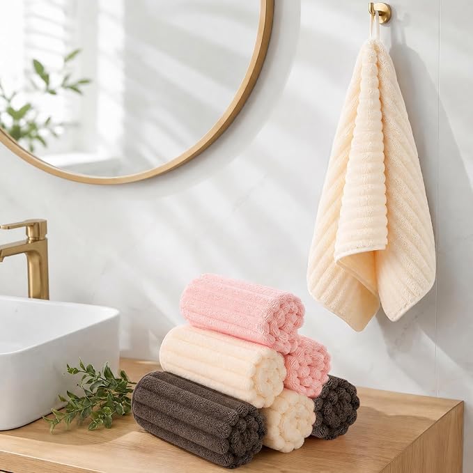ZVH Hand Towels for Bathroom 6pcs 14X29.5inch,Quick Dry Microfiber,Super Soft,Hand Towels with Hanging Loops for Spa,Kitchen,Hotel (Pink+Beige+Brown, Set of 6)