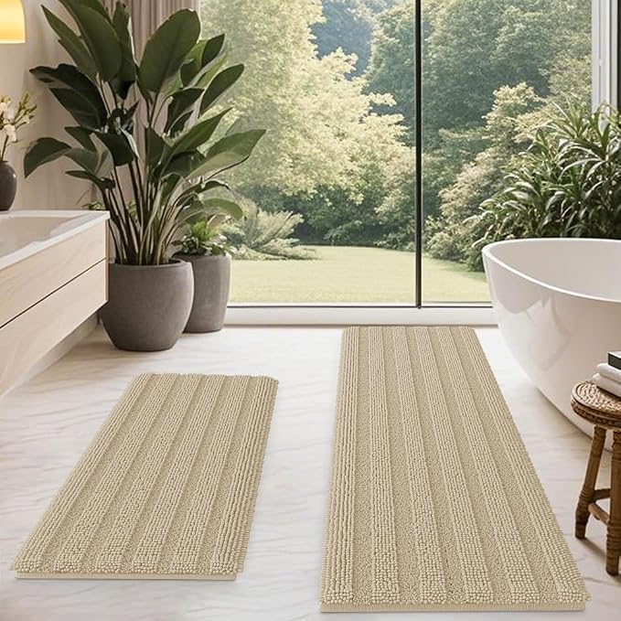 ACCUMTEK Striped Beige Bathroom Rug Mat Set 2 piece 24"x17"+48"x20" Ultra Soft, Non Slip Chenille Bath Rugs, Absorbent Plush Shaggy Bath Mats for Bathroom, Bedroom, Kitchen, Shower, Tub