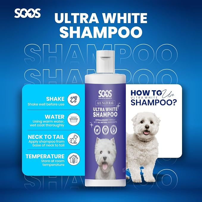 Soos Ultra White Hypoallergenic Shampoo for Dogs & Cats - Natural White Brightening Formula, Gentle & Moisturizing Pet Wash for Sensitive Skin - 500ml