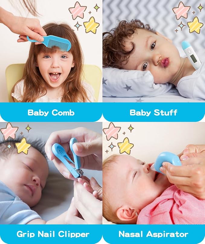 Baby Healthcare and Grooming Kit, 14 in 1 Baby Safety Set Newborn Nursery Health Care Set with Hair Brush Scale Nail Clippers for Baby Girls Boys (Blue 14 in 1)