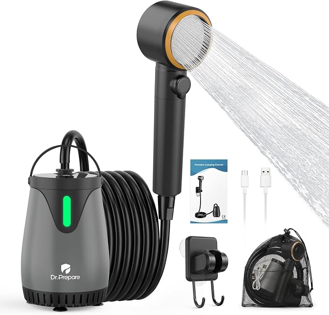DR.PREPARE Portable Shower, 8000mAh Battery, 180-Min Runtime, 1.59 GPM Strong Flow, 3 Spray Modes, IPX8 Waterproof Camping Shower with LED Display, Portable Shower for Camping, Pets, Beach & Hiking