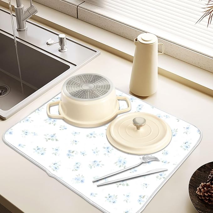 Blue Small Floral Dish Drying Mat, Absorbent Drainer Mats for Kitchen Counter Coffee Maker 24"x18"