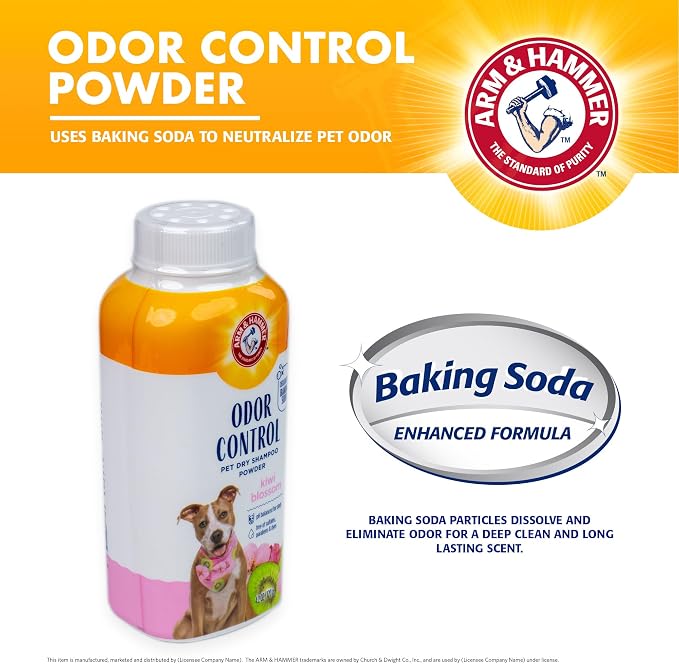 Arm & Hammer for Pets Odor Control Dry Shampoo Powder for Dogs and Puppies Waterless Dog Deodorizer Baking Soda Paraben Sulfate Dye Free Kiwi Blossom Scent 4.2 OZ at Home Travel Routine