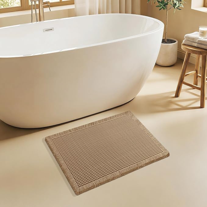 ACCUMTEK Upgraded Waffle Bath Mat, 24"x17" Beige, Super Absorbent Non-Slip Quick Dry Bathroom Rugs with Tassels, Machine Washable Ultra Soft Boho Bath Rugs for Floor, Toilet Mats Boho Farmhouse Decor