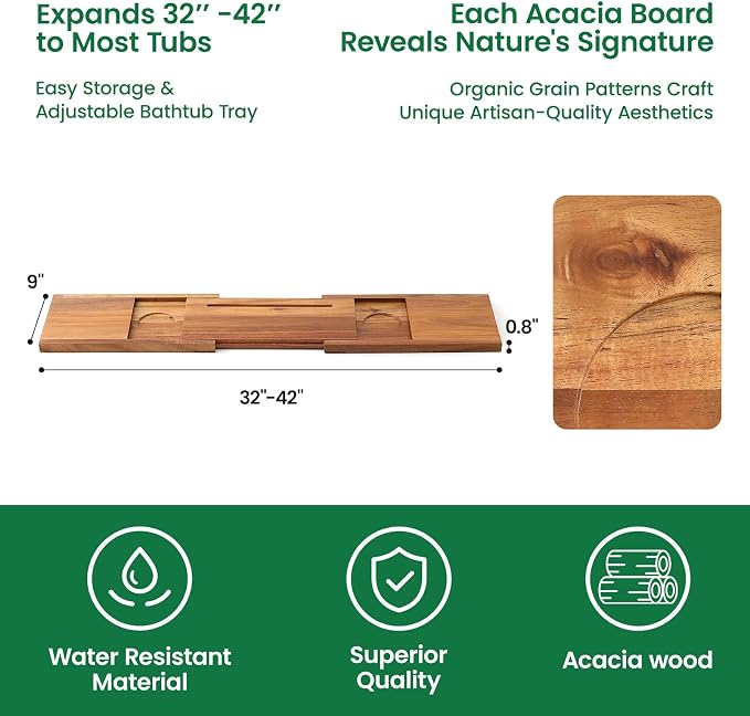 Adjustable Bathtub Tray with Accessories Holder, 32-42 Inches Wood Bath Tray for Tub