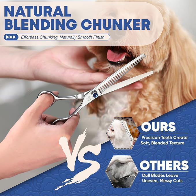 Moontay Professional Dog Grooming Straight, Curved, Thinning/Blending/Chunking Scissors Kit, JP-440C Stainless Steel Pet Cat Hair Cutting/Trimming Shears, Silver (7.5" (24-Tooth))