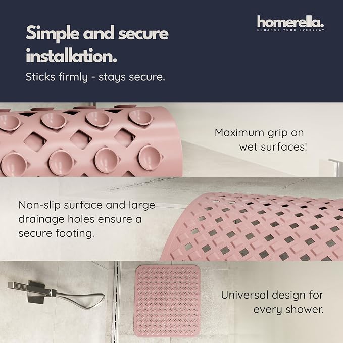 homerella® Shower Mat Non Slip Anti Mold, Non Slip Shower Mats for Inside Shower Stall Anti Slip Mat, Square Shower Floor Mat 21 x 21 in with Suction Cups & Hooks for Quick Drying, Machine Washable