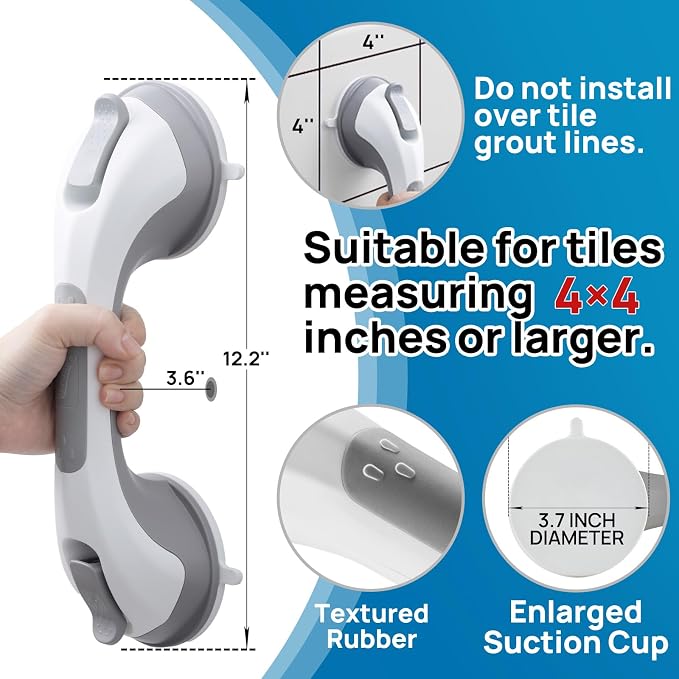 LEVERLOC Grab Bars for Shower Suction Bathtub Safety Rails, Heavy Duty 12 Inch Shower Handle Removable Bath Handrails for Seniors and Elderly, Bathroom Safety Grip No Drilling Waterproof Grey