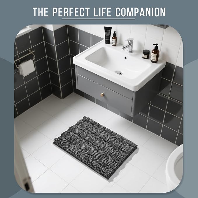Yimobra Bathroom Rug Mat, Non Slip and Super Absorbent Bath Mat, Machine Washable Quick Dry, Ultra Plush Chenille Shower Rugs for Bathroom Floor Sink Tub and Shower Outside, Dark Gray, 24 x 17