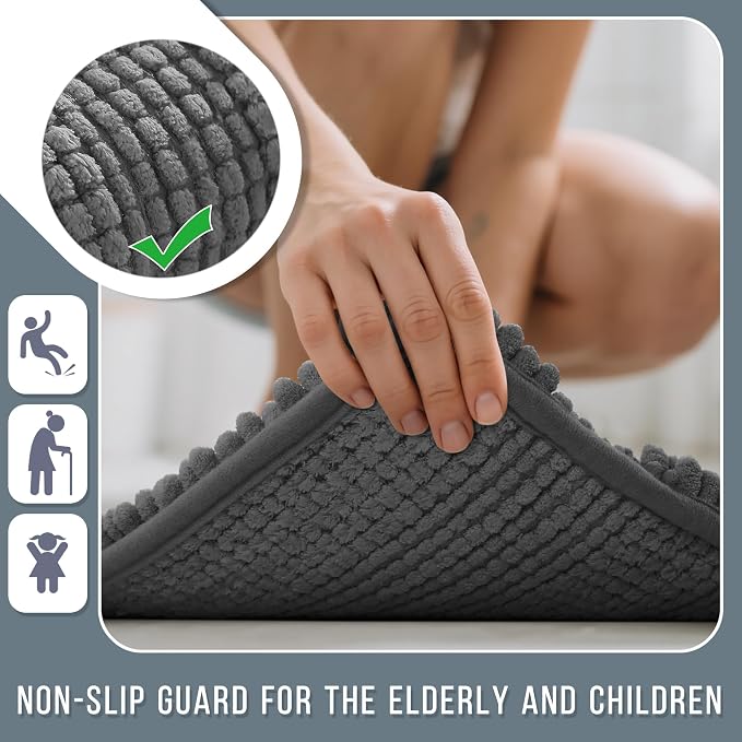 Yimobra Bathroom Rug Mat 36 x 24, Non Slip and Super Absorbent Bath Mat,Machine Washable Quick Dry,Ultra Plush Chenille Shower Rugs for Bathroom Floor Sink Tub and Shower Outside,Dark Gray
