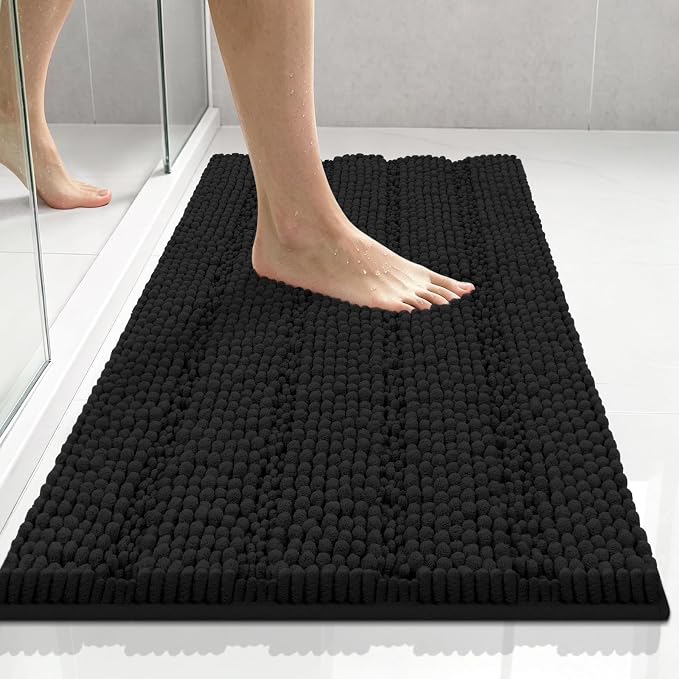 Bcoimo 24"×17" Chenille Bath Mat – Non-Slip with Backing Bath Rug Ultra-Absorbent and Machine Washable Bathroom Mat Quick-Dry Design. Ideal for Bathroom and Tub Areas