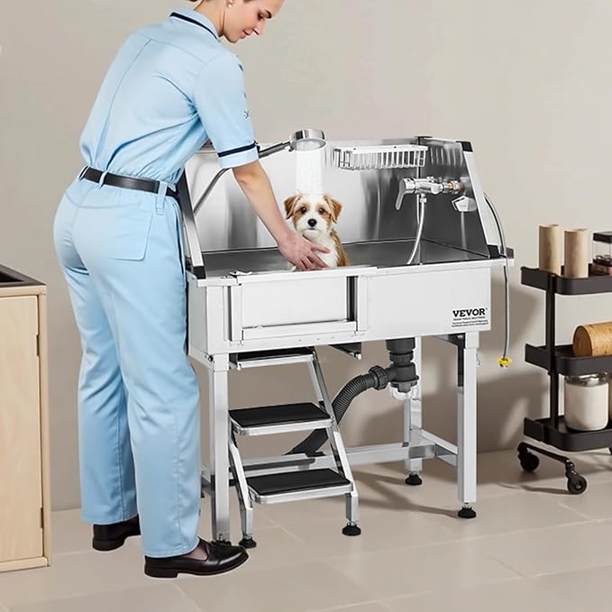VEVOR Professional Dog Washing Station, 34 Inch Stainless Steel Pet Grooming Tub with Hot Cold Faucet, Adjustable Showerhead, Non-Slip Stairs & Side Sink, for Small to Medium Dogs and Cats (Left Door)
