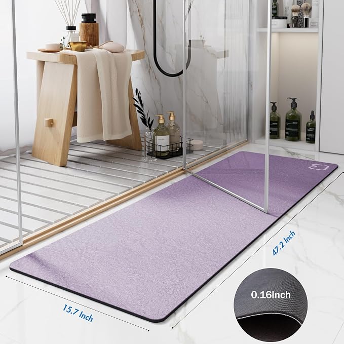 RUERYA Lavender Diatomaceous Earth Bath Mat 15.7"x47.2" Extra Long Bathroom Mat Large Fast Dry Super Absorbent Non-Slip Rubber Backed Shower Mat Bath Rugs Mats for Bathroom Floor, Tub, Shower, Sink