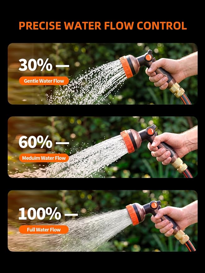 Garden Hose Nozzle, Metal Water Spray Nozzle with 8 Spray Patterns & Thumb Control, Heavy Duty Full Shower Water Nozzle for Lawn & Plant Watering, Car & Pet Washing, Orange
