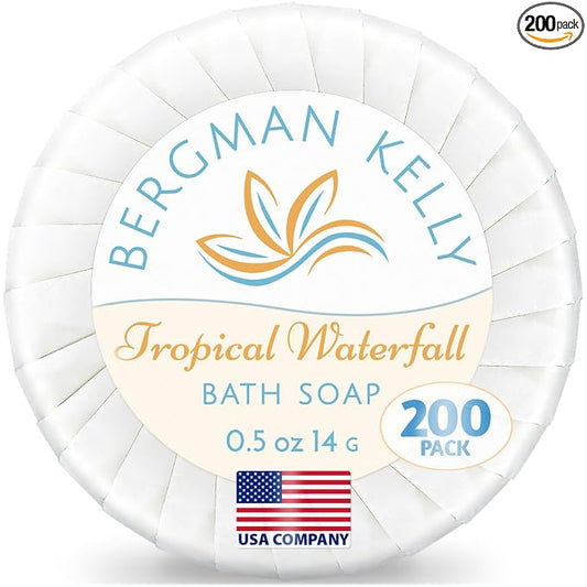 BERGMAN KELLY - Hotel Soap Bars in Bulk - Tropical Waterfall, 0.5 oz, 200 PK - Small Individually Wrapped Round Soap - Travel Size Mini Toiletries for Airbnb, Motel, Guest Bathroom