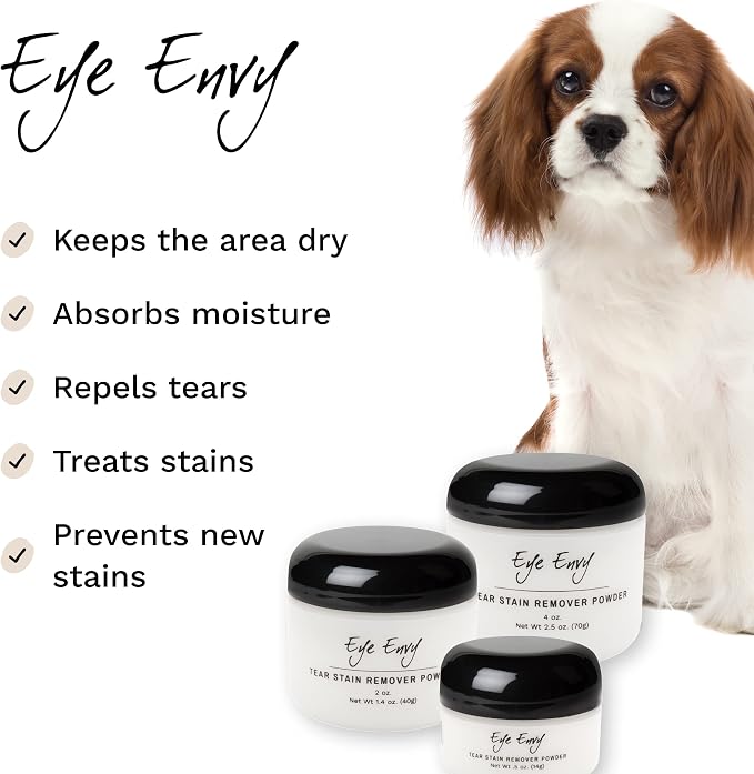 Eye Envy Tear Stain Remover Powder for Dogs and Cats. Natural, Safe Formula. Apply Around Eyes. Absorbs and Cleans Tears and Staining. Keeps Area Dry. Made in The USA. (2.5 oz)