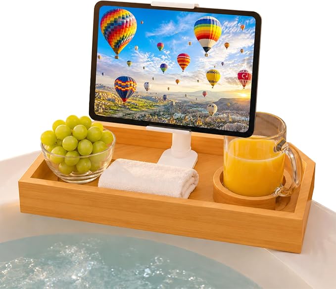 Vespara Bamboo Hot Tub Tray Table with Adjustable Phone Holder, Non Slip Hot Tub Table Spa Gifts for Women, Bathtub Canddy Tray with Wine Glass Holder Tray for Luxury Bathtub& Bathroom Accessories