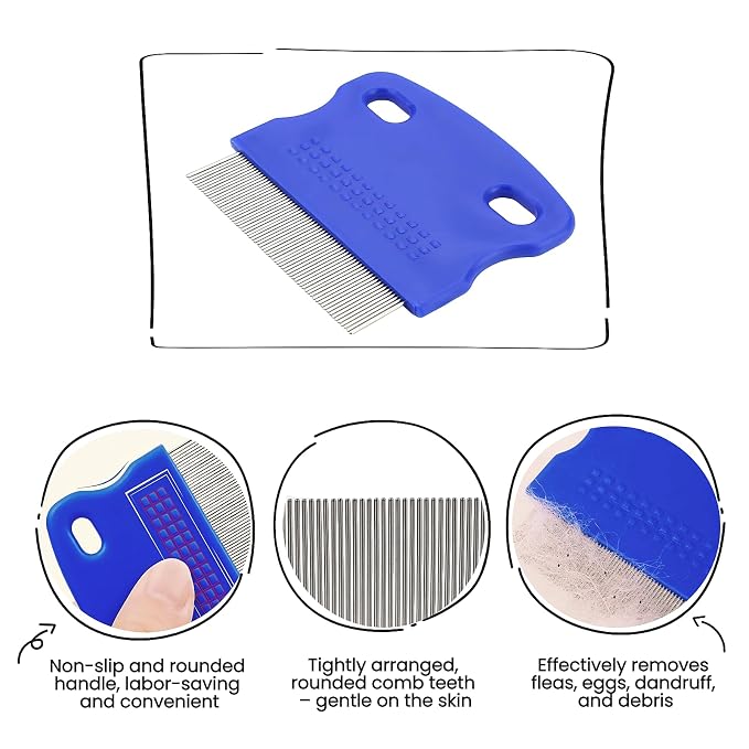 MEDUWEDU 5 Pack Flea & Lice Comb Set for Cats, Dogs & Kids – Stainless Steel Fine Tooth Nit Comb Kit with Double-Sided Tear Stain Remover, Grooming Brush & Peine para Piojos for Thick Hair (Blue)