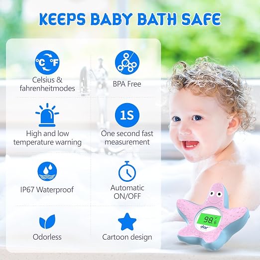 Baby Bath Thermometer for Tub,Floating Digital Water Temperature Thermometer with Instant Accurate Reading,3-Color Safety Light,Auto On/Off for Newborn,Infant & Toddler（Starfish）