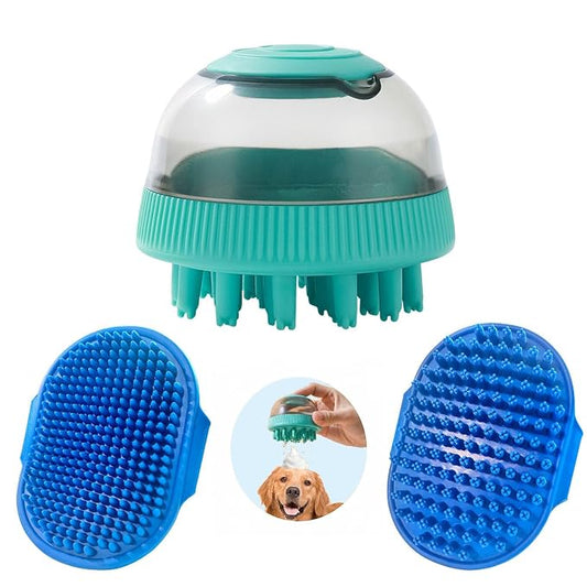 Dog Grooming Brush, Lilpep Pet Shampoo Bath Brush Soothing Massage Rubber Comb with Adjustable Ring Handle for Long Short Haired Dogs and Cats (Blue, set)