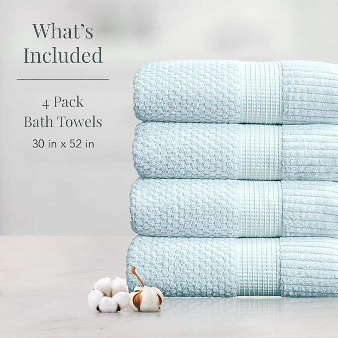 NY Loft 100% Cotton 4-Pack Bath Towel Set | Seafoam | Oeko-TEX | Quick-Dry | Four 30" x 52" Bath Towels | Super Absorbent | Designer-Styled Texture