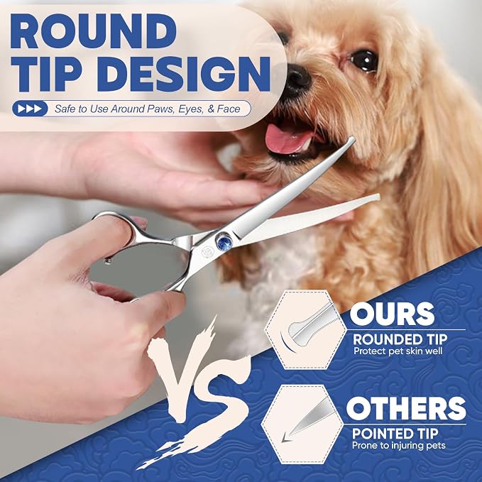 Moontay Professional Dog Grooming Straight, Curved, Thinning/Blending/Chunking Scissors Kit, JP-440C Stainless Steel Pet Cat Hair Cutting/Trimming Shears, Silver