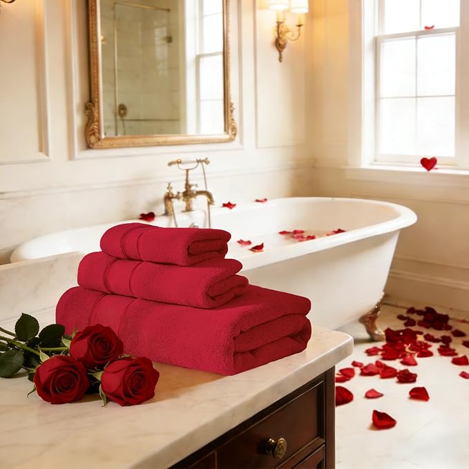 Marvione Bath Towels Set 6 Piece, 100% Turkish Cotton Highly Absorbent and Soft Towels for Bathroom 2 Bath Towels 2 Hand Towels 2 Washcloths, Red